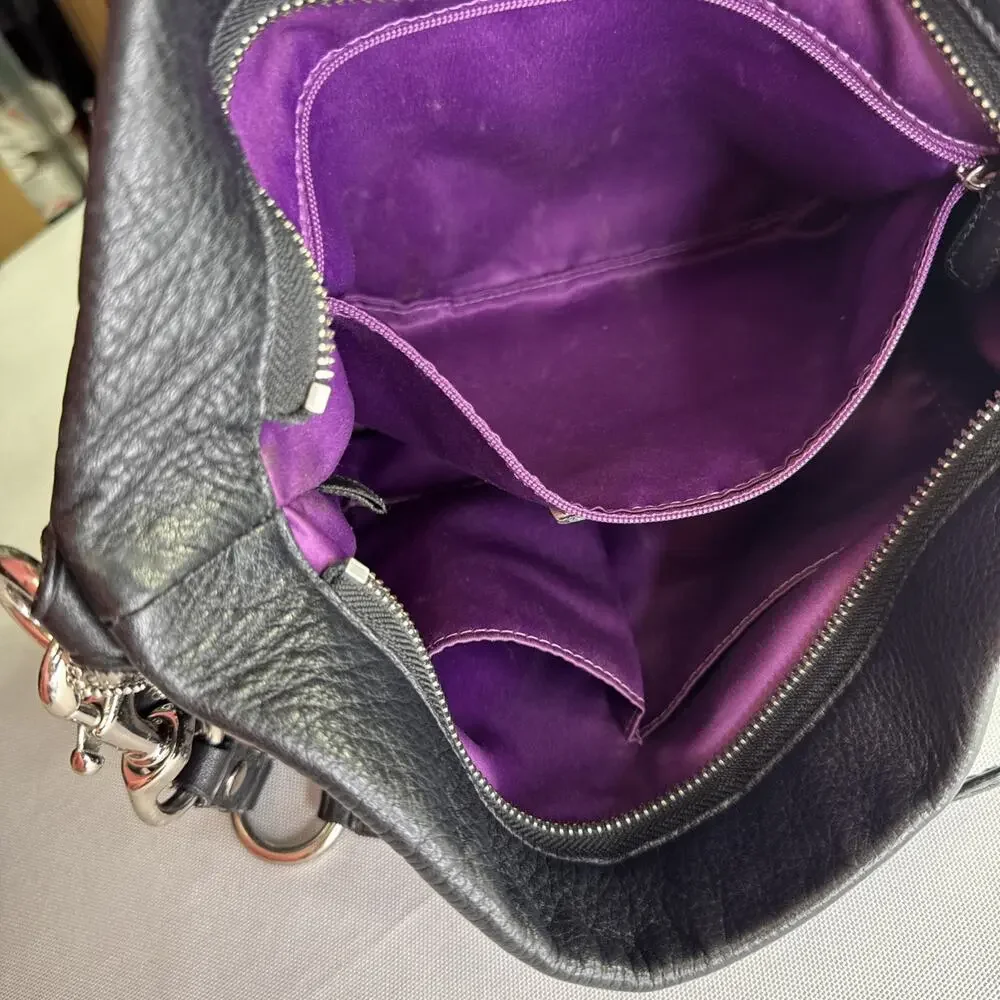 COACH Carly Medium Hobo Bag Black Pebbled Leather Shoulder Purse F15251 Purple